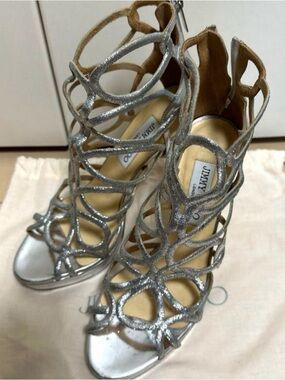 Jimmy Choo Silver Glitter Strappy Cage High Heels